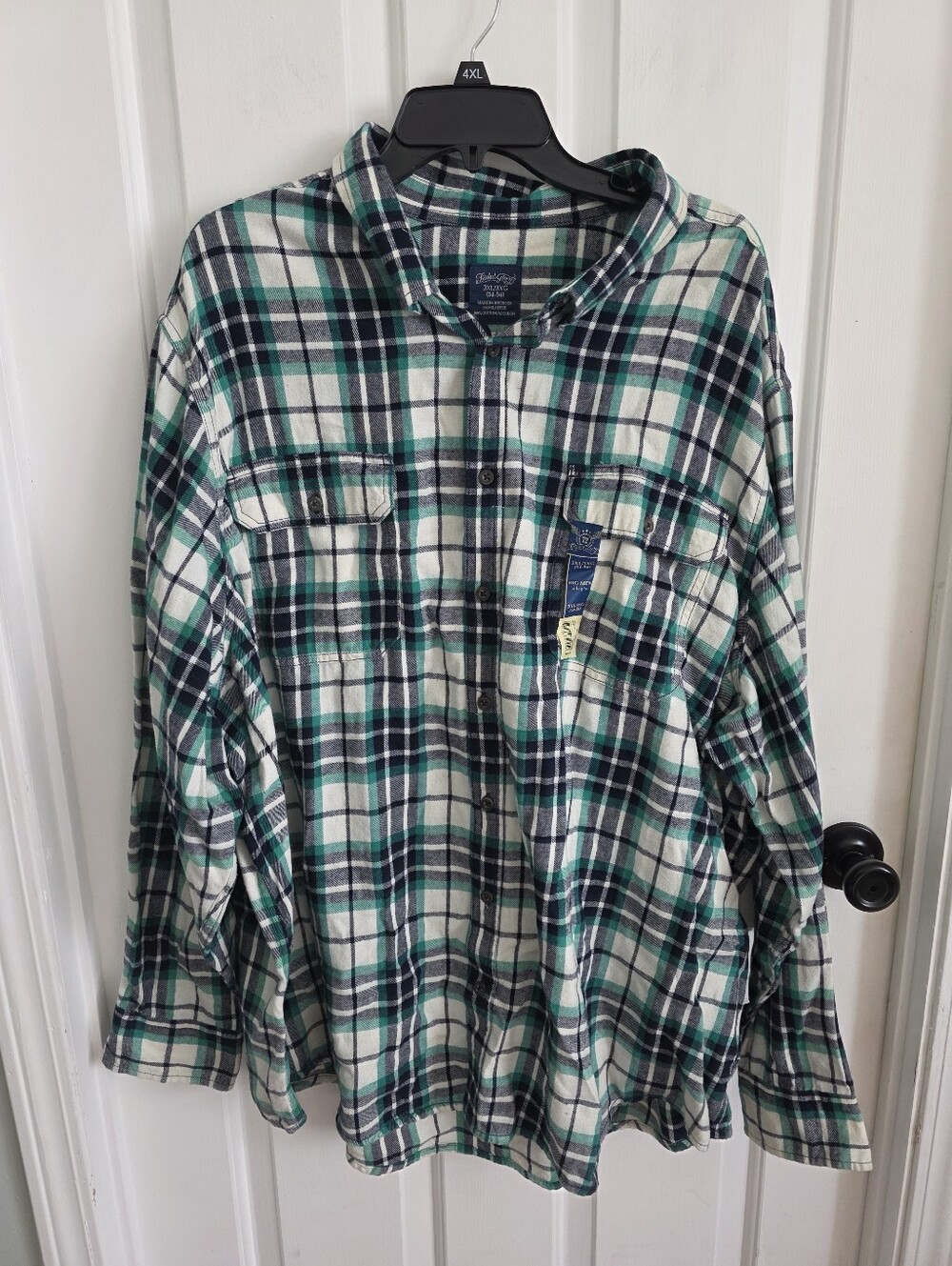 Faded Glory Mens 3XL Big & Tall Flannel Plaid Button-Up Green White Navy 54-56
